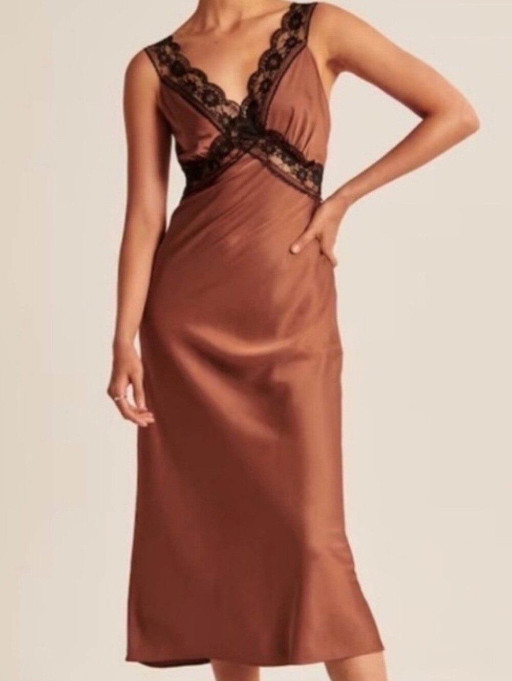 Ambercrombie & Fitch Satin Lace Trim Slip Dress Bronze Brown Sleep Intimates